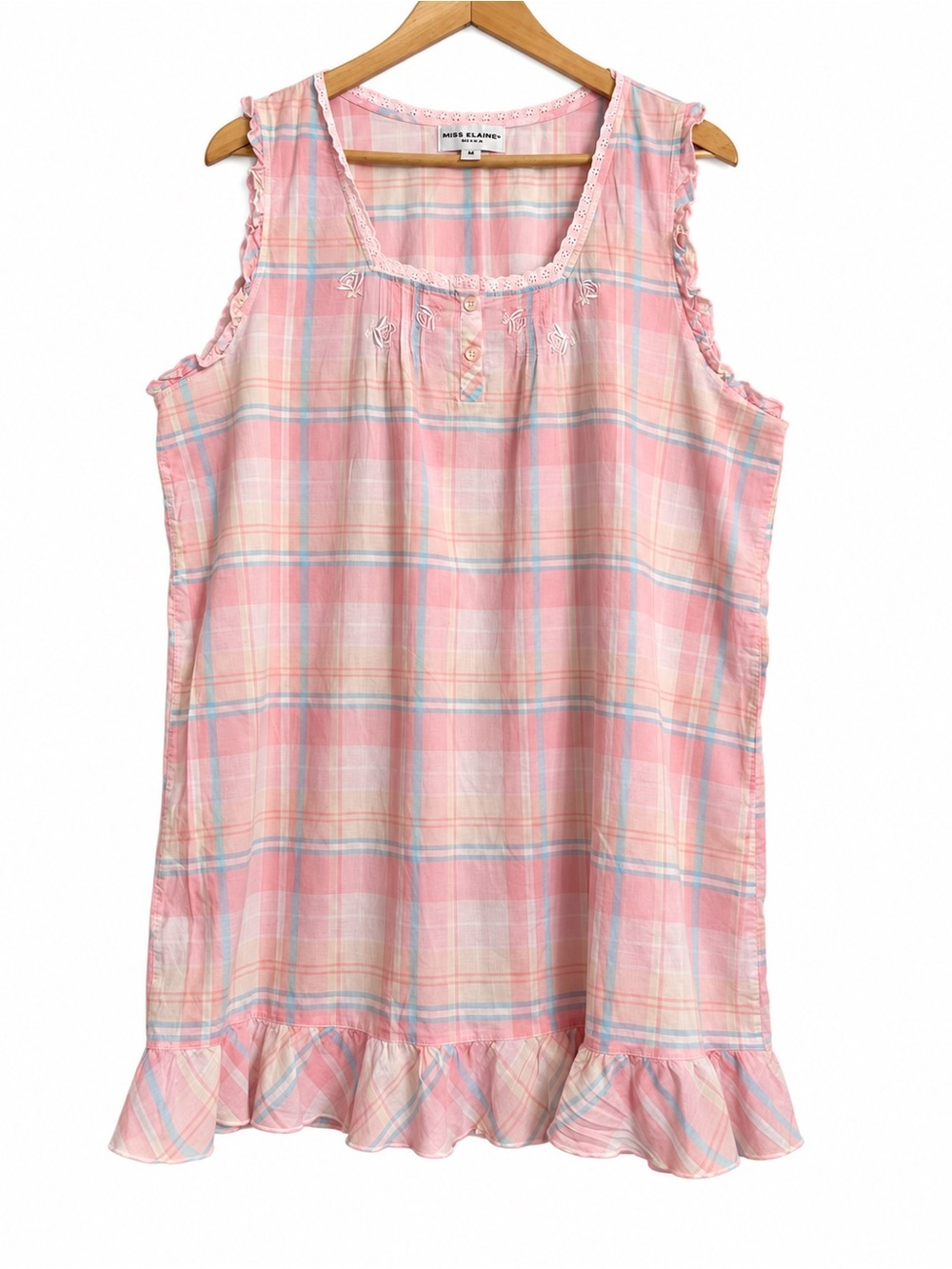 Miss Elaine Pink Plaid Cotton Sleeveless Nightgown Ruffle Hem Women’s 2X